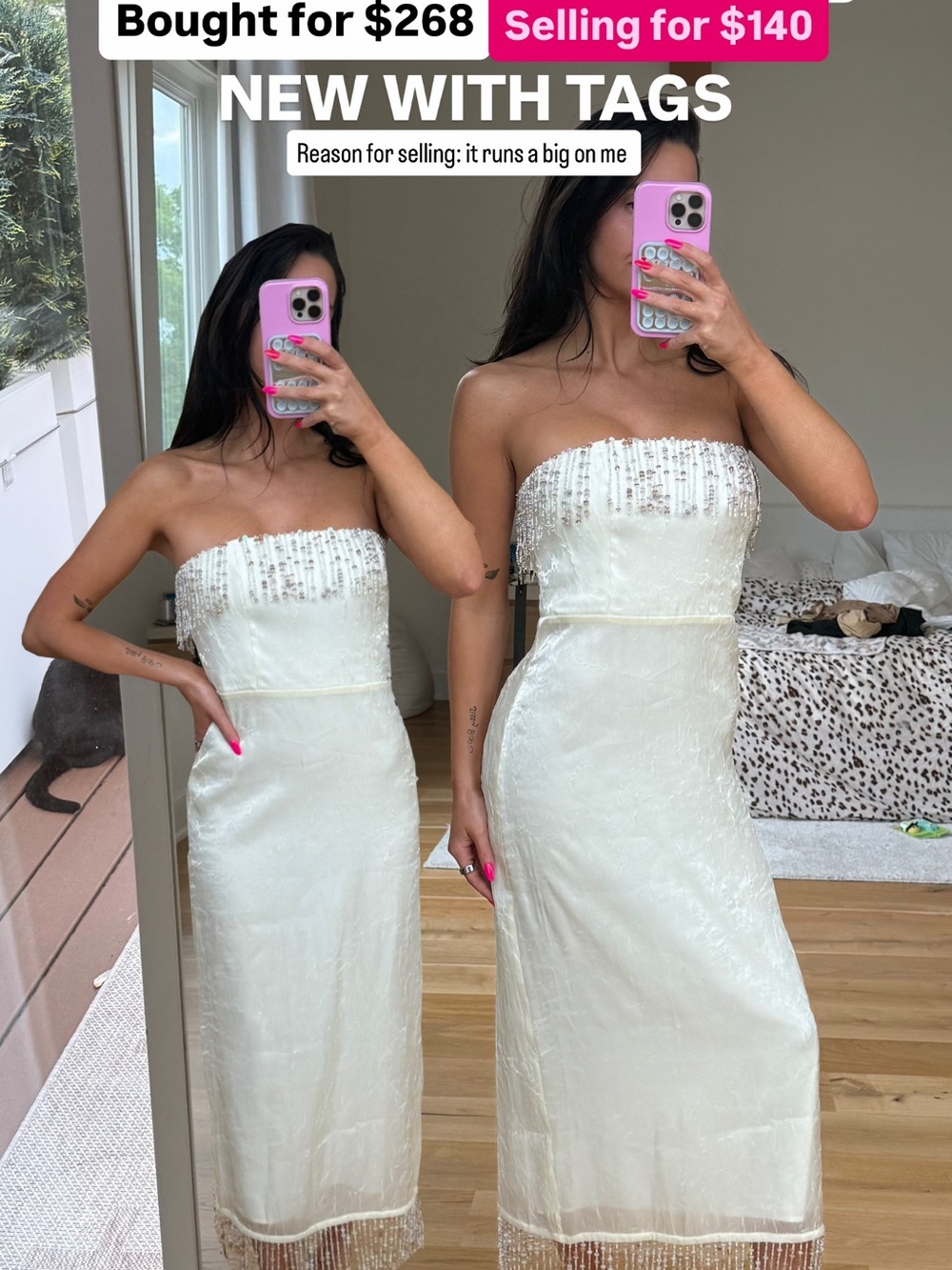 House of Harlow 1960 Ivory Strapless Beaded Fringe Midi Dress